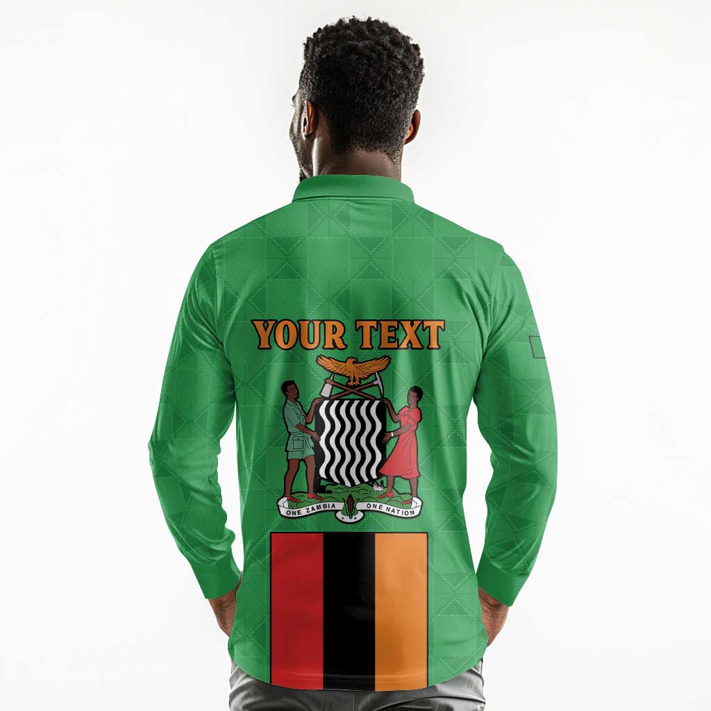 Personalised Afro Zambia Long Sleeve Polo Shirt Flag Style Mix Kente Pattern