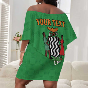 Personalised Afro Zambia Off Shoulder Short Dress Flag Style Mix Kente Pattern
