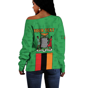 Personalised Afro Zambia Off Shoulder Sweater Flag Style Mix Kente Pattern