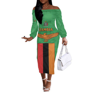 Personalised Afro Zambia Off The Shoulder Long Sleeve Dress Flag Style Mix Kente Pattern