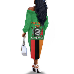 Personalised Afro Zambia Off The Shoulder Long Sleeve Dress Flag Style Mix Kente Pattern