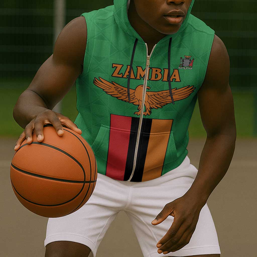Personalised Afro Zambia Sleeveless Zip Hoodie Flag Style Mix Kente Pattern - African Pride