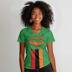 Personalised Afro Zambia Women V-Neck T-Shirt Flag Style Mix Kente Pattern