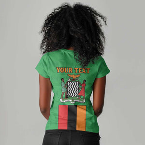 Personalised Afro Zambia Women V-Neck T-Shirt Flag Style Mix Kente Pattern