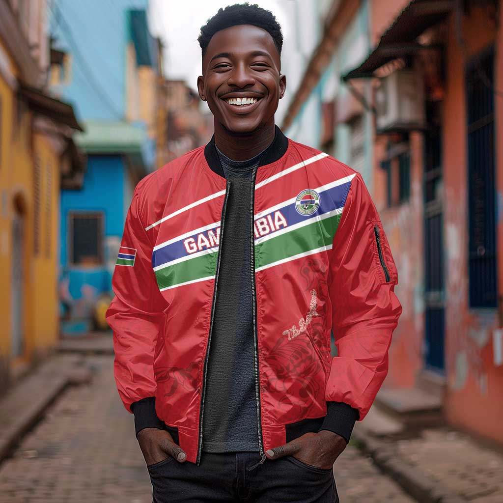 Custom Gambia Football Sleeve Zip Bomber Jacket Scorpions Never Die