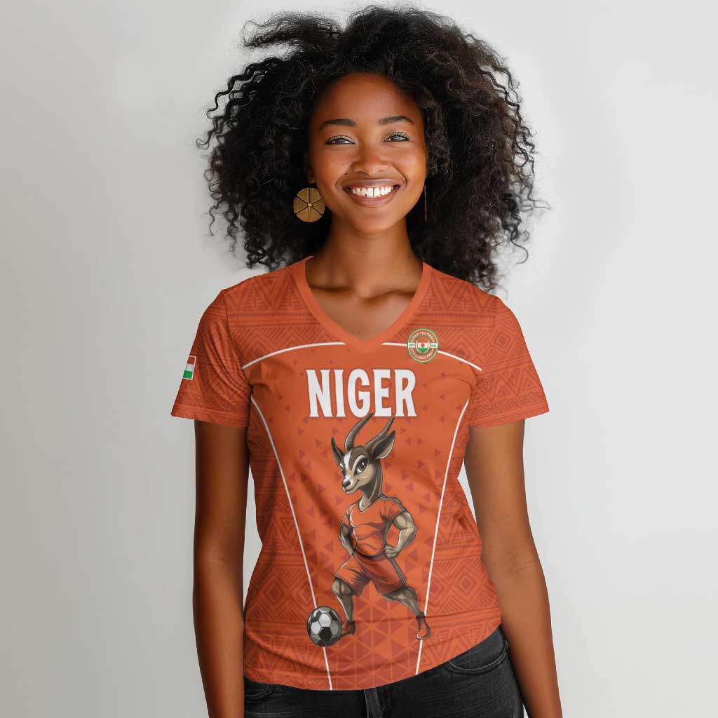 Custom Niger Football Women V-Neck T-Shirt Allez Menas