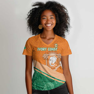 Ivory Coast Rugby Custom Women V-Neck T-Shirt Allez Les Elephants
