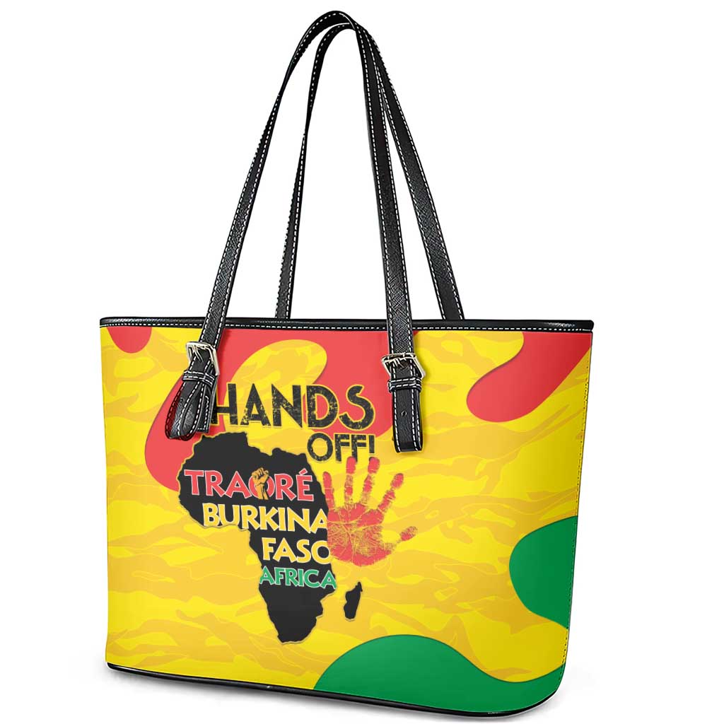 Hands Off Traore Burkina Faso Africa Leather Tote Bag Military Pattern