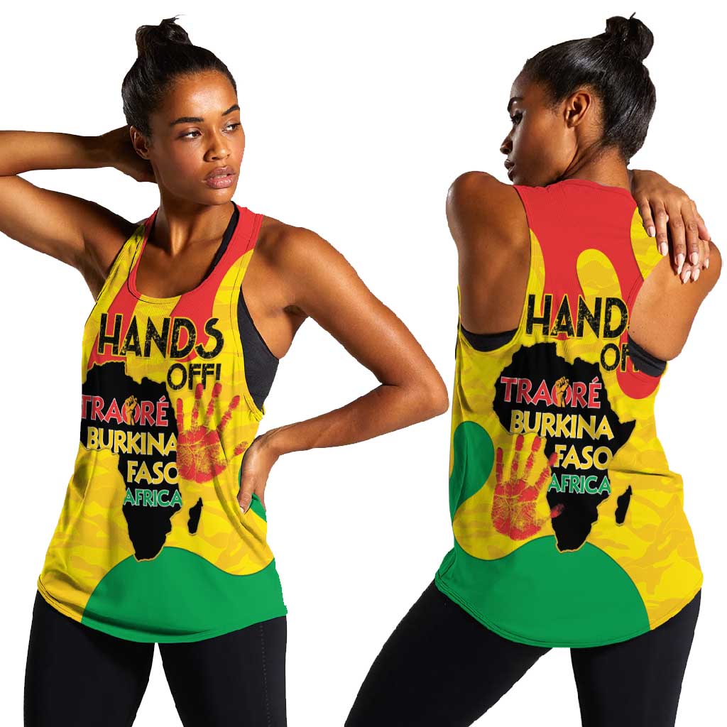 Hands Off Traore Burkina Faso Africa Women Racerback Tank Military Pattern