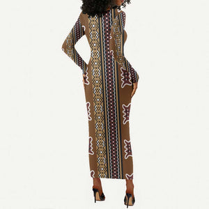 Mali Mud Cloth Long Sleeve Bodycon Dress Traditional Bologan Pattern - African Pride
