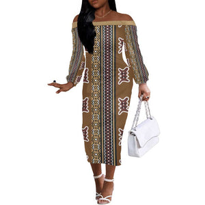Mali Mud Cloth Off The Shoulder Long Sleeve Dress Traditional Bologan Pattern - African Pride