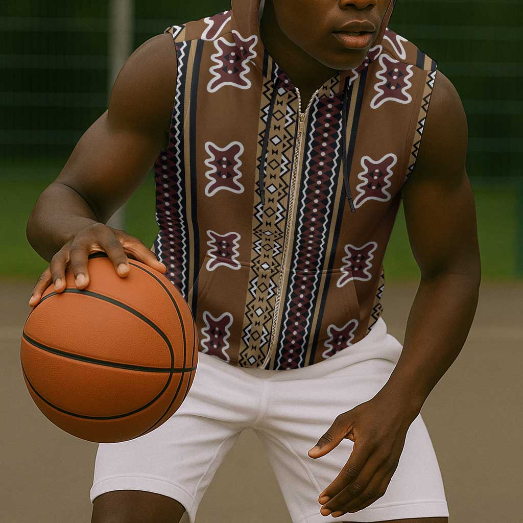 Mali Mud Cloth Sleeveless Zip Hoodie Traditional Bologan Pattern - African Pride