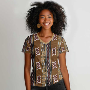 Mali Mud Cloth Women V-Neck T-Shirt Traditional Bologan Pattern - African Pride