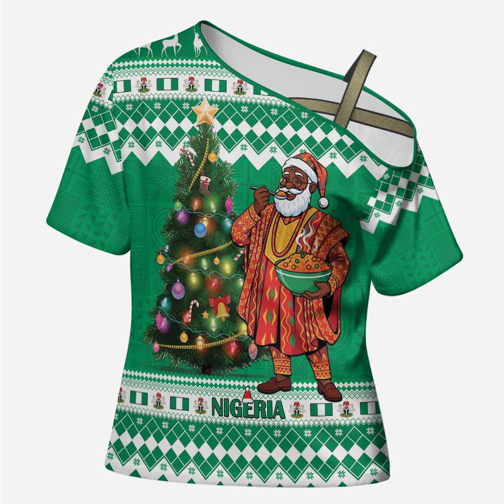 Personalized Nigeria Christmas Cross Shoulder Shirt Black Santa With Jollof Rice