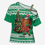 Personalized Nigeria Christmas Cross Shoulder Shirt Black Santa With Jollof Rice