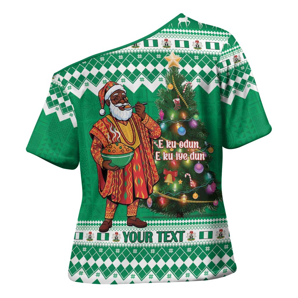 Personalized Nigeria Christmas Cross Shoulder Shirt Black Santa With Jollof Rice