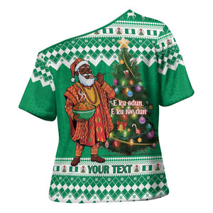 Personalized Nigeria Christmas Cross Shoulder Shirt Black Santa With Jollof Rice