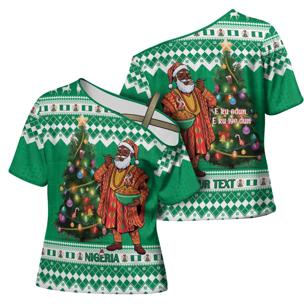 Personalized Nigeria Christmas Cross Shoulder Shirt Black Santa With Jollof Rice