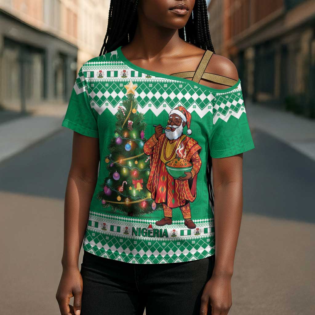 Personalized Nigeria Christmas Cross Shoulder Shirt Black Santa With Jollof Rice