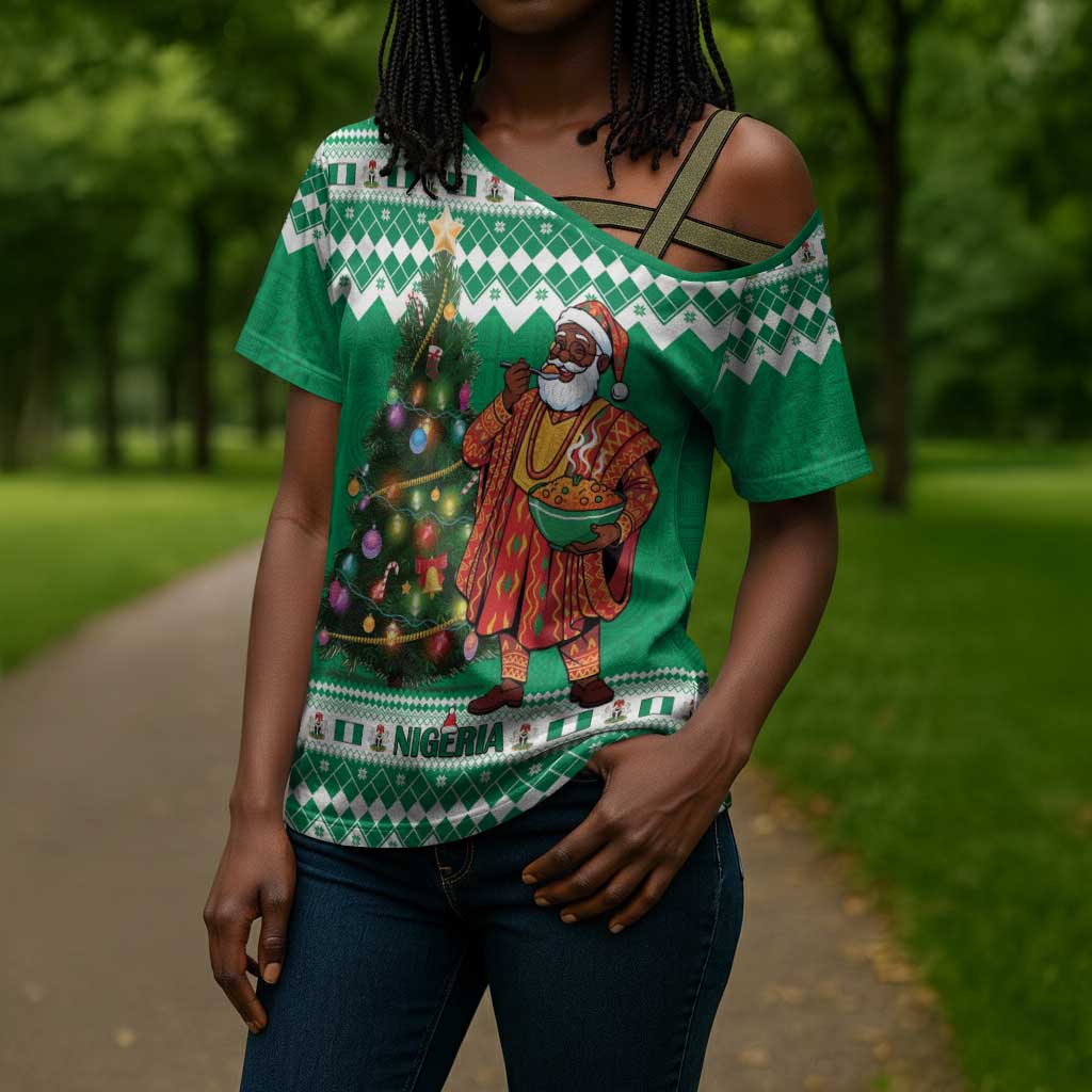 Personalized Nigeria Christmas Cross Shoulder Shirt Black Santa With Jollof Rice