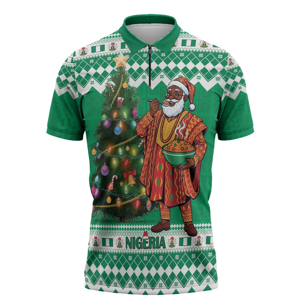 Personalized Nigeria Christmas Zipper Polo Shirt Black Santa With Jollof Rice