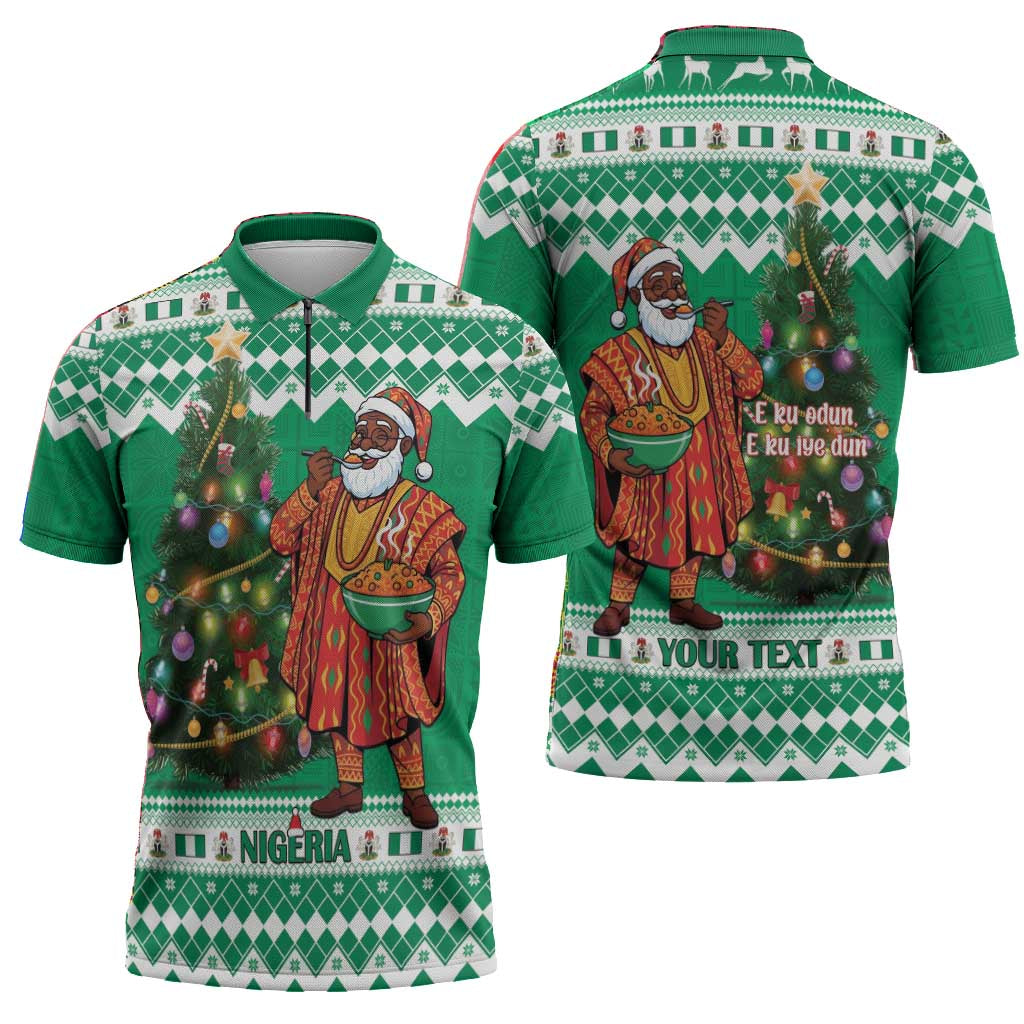 Personalized Nigeria Christmas Zipper Polo Shirt Black Santa With Jollof Rice