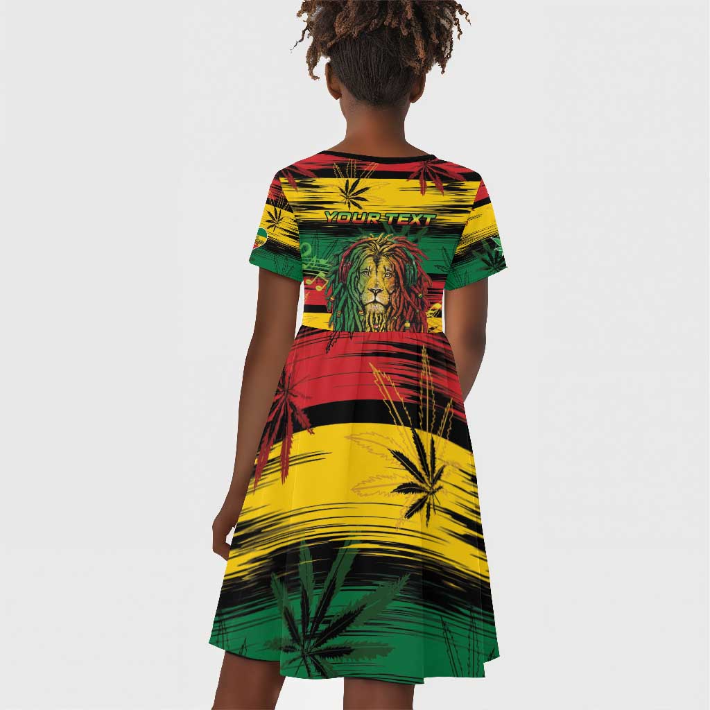 Personalised Rastafarian Lion Kid Short Sleeve Dress Cannabis Leaf Pattern