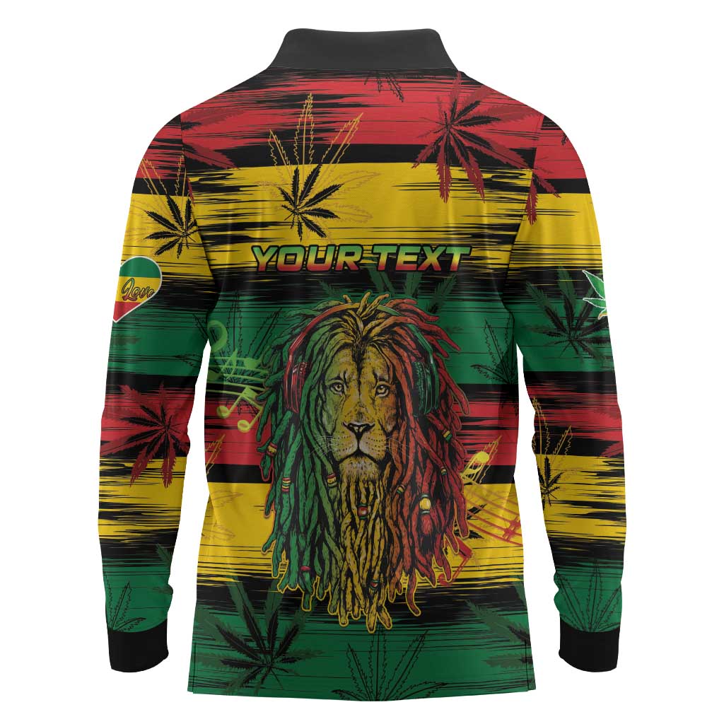 Personalised Rastafarian Lion Long Sleeve Polo Shirt Cannabis Leaf Pattern