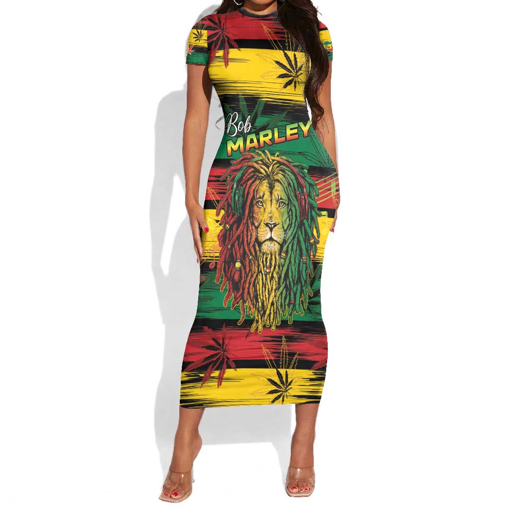 Personalised Rastafarian Lion Short Sleeve Bodycon Dress Cannabis Leaf Pattern LT15