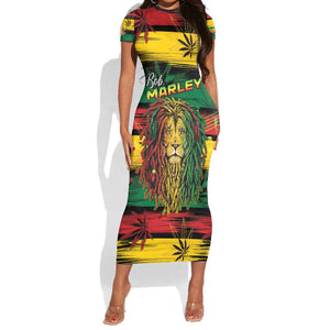Personalised Rastafarian Lion Short Sleeve Bodycon Dress Cannabis Leaf Pattern LT15