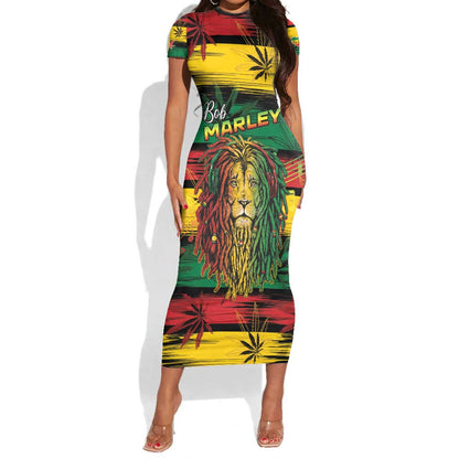 Personalised Rastafarian Lion Short Sleeve Bodycon Dress Cannabis Leaf Pattern LT15