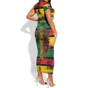 Personalised Rastafarian Lion Short Sleeve Bodycon Dress Cannabis Leaf Pattern LT15