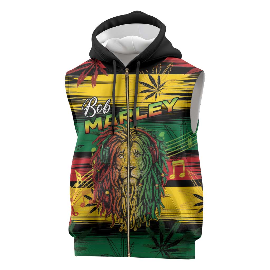 Personalised Rastafarian Lion Sleeveless Zip Hoodie Cannabis Leaf Pattern - African Pride