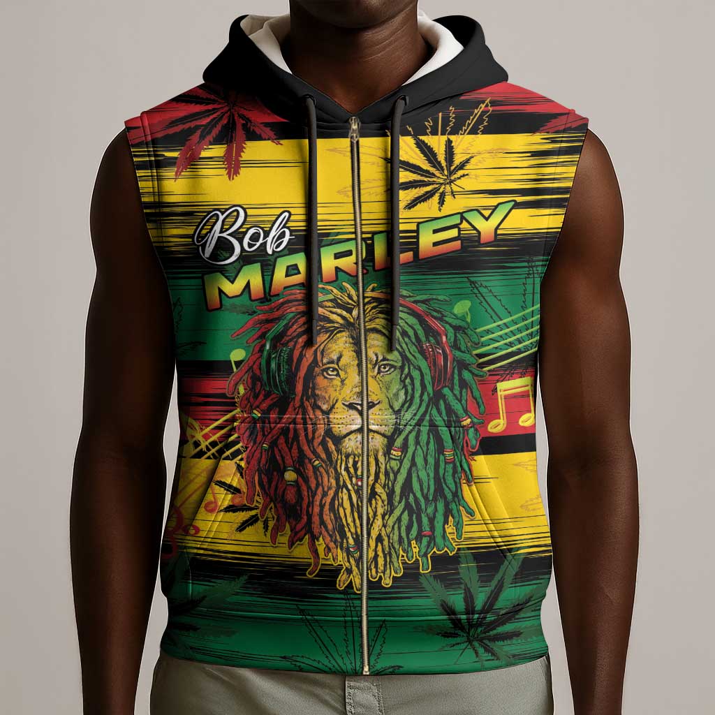 Personalised Rastafarian Lion Sleeveless Zip Hoodie Cannabis Leaf Pattern - African Pride