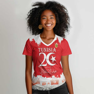 Personalized Afro Tunisia Women V-Neck T-Shirt Happy 69th Anniversary Independence