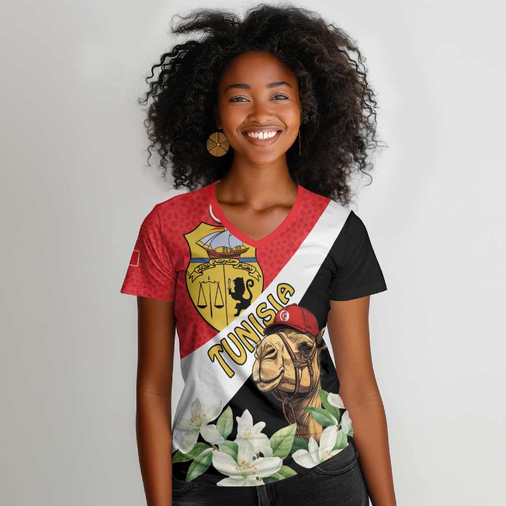 Personalized Afro Tunisia Women V-Neck T-Shirt Camelus Dromedarius With Jasmine