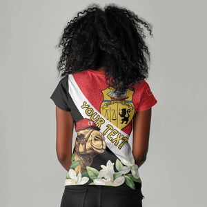 Personalized Afro Tunisia Women V-Neck T-Shirt Camelus Dromedarius With Jasmine