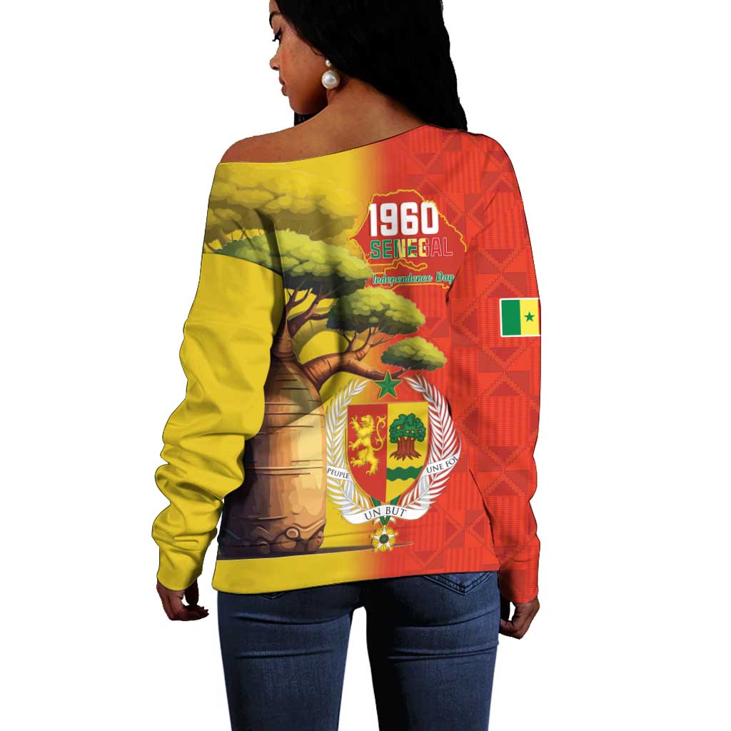 Afro Senegal Independence Day Off Shoulder Sweater 65th Anniversary - Kente Pattern
