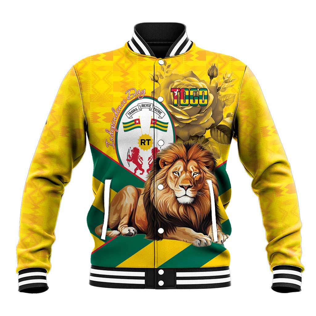 Happy Togo Independence Day Baseball Jacket Lion With Coat Of Arms - Kente Pattern