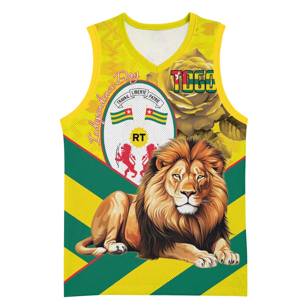 Happy Togo Independence Day Basketball Jersey Lion With Coat Of Arms - Kente Pattern - African Pride