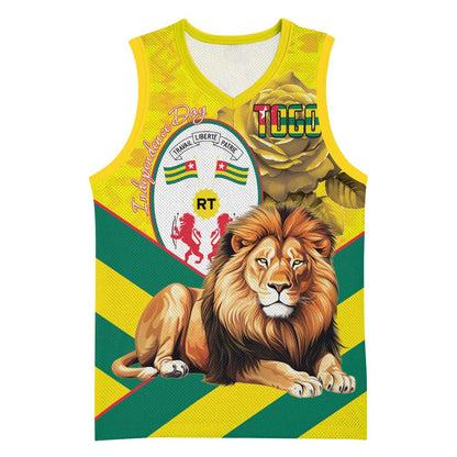Happy Togo Independence Day Basketball Jersey Lion With Coat Of Arms - Kente Pattern - African Pride