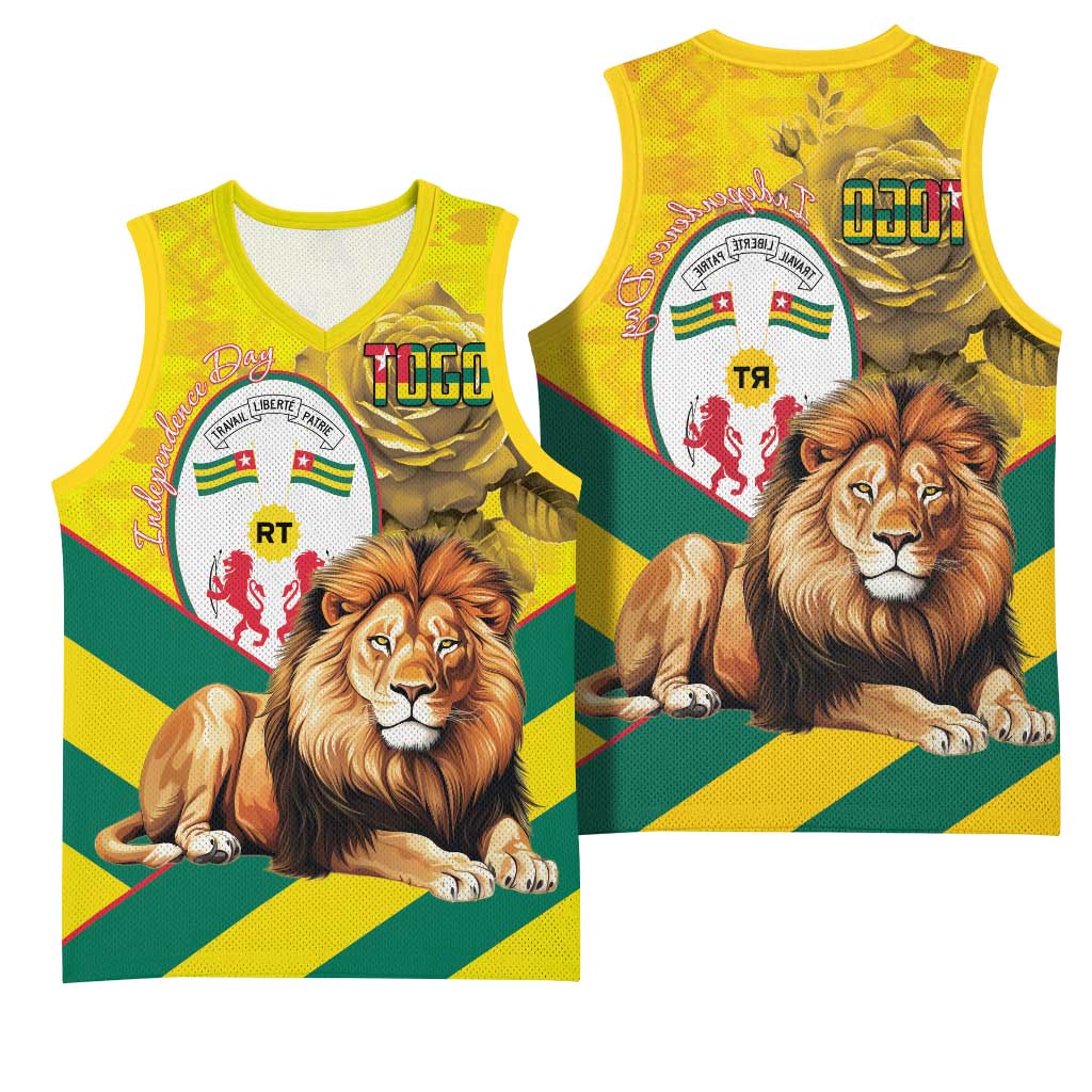Happy Togo Independence Day Basketball Jersey Lion With Coat Of Arms - Kente Pattern - African Pride