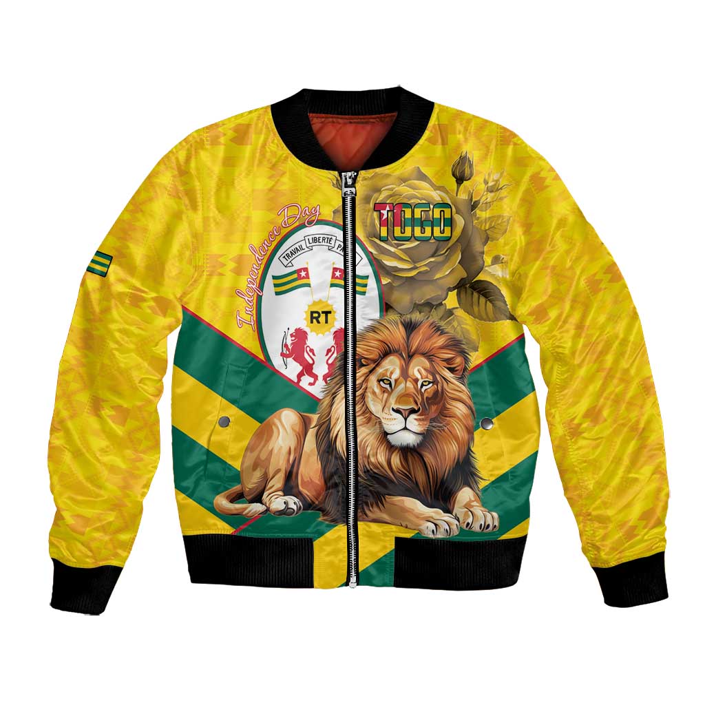 Happy Togo Independence Day Bomber Jacket Lion With Coat Of Arms - Kente Pattern