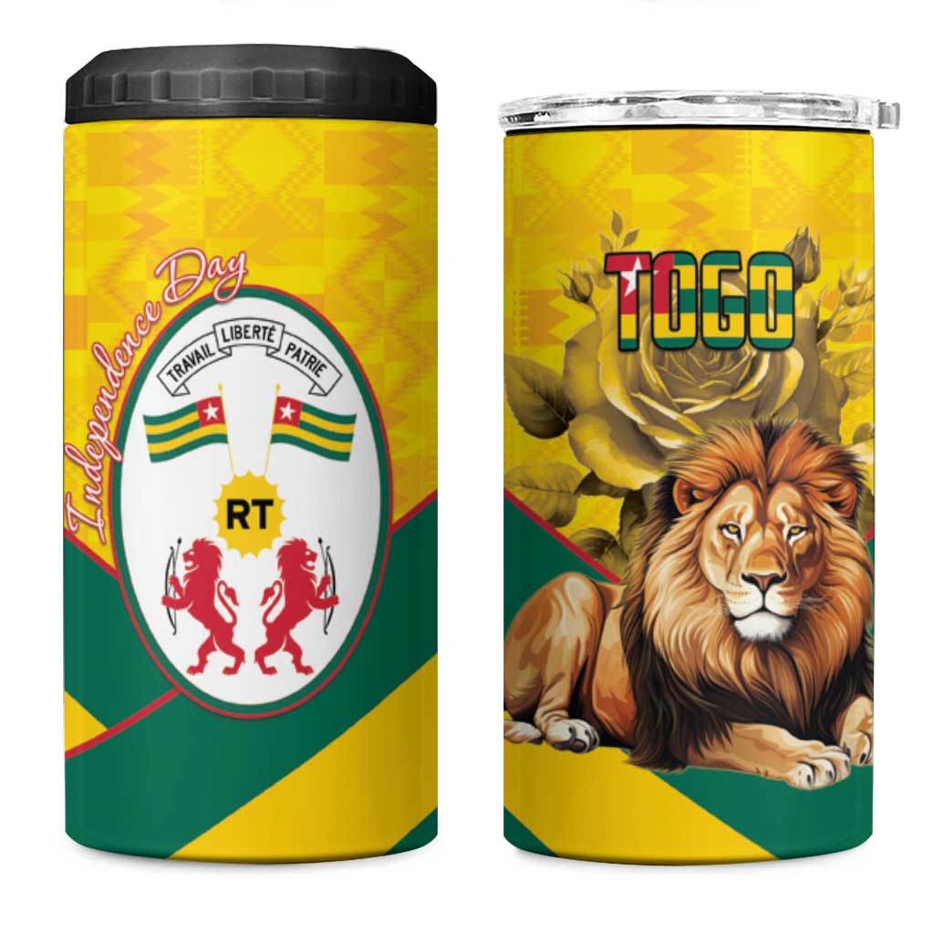 Happy Togo Independence Day 4 in 1 Can Cooler Tumbler Lion With Coat Of Arms - Kente Pattern