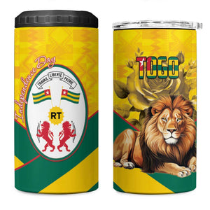 Happy Togo Independence Day 4 in 1 Can Cooler Tumbler Lion With Coat Of Arms - Kente Pattern