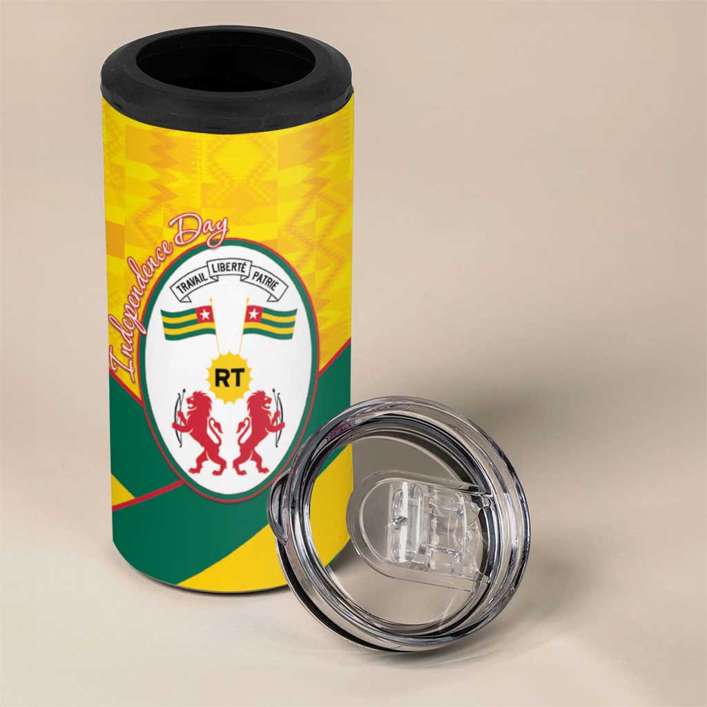 Happy Togo Independence Day 4 in 1 Can Cooler Tumbler Lion With Coat Of Arms - Kente Pattern