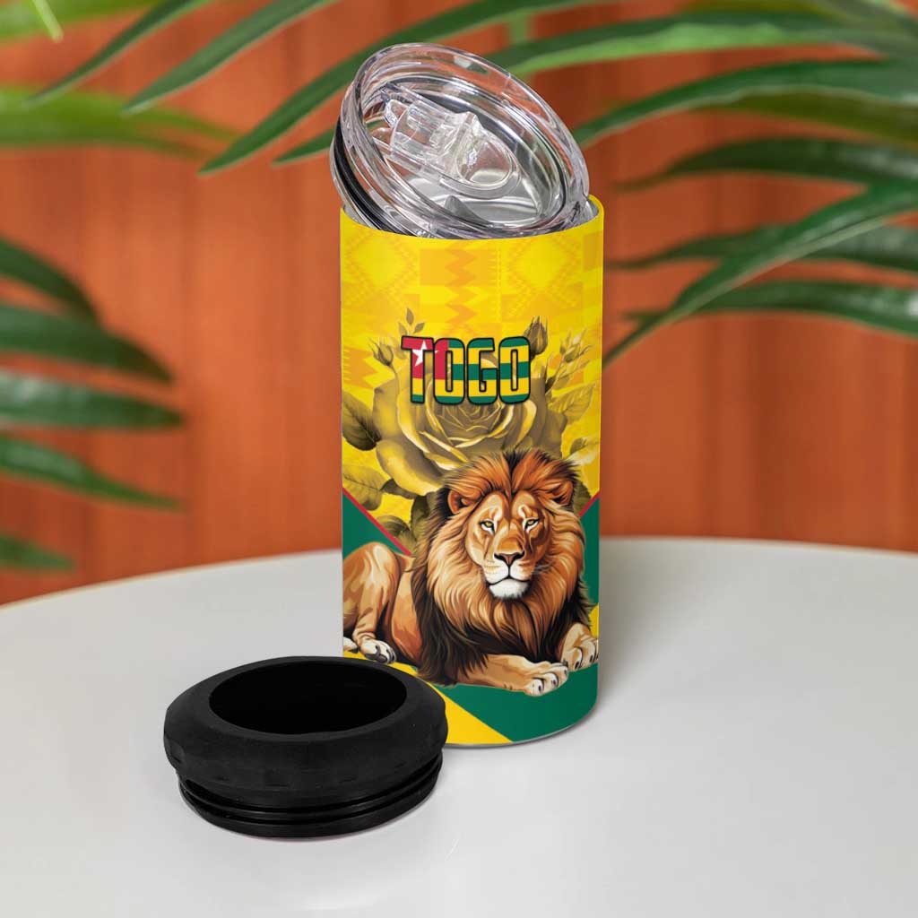 Happy Togo Independence Day 4 in 1 Can Cooler Tumbler Lion With Coat Of Arms - Kente Pattern