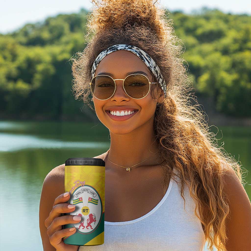 Happy Togo Independence Day 4 in 1 Can Cooler Tumbler Lion With Coat Of Arms - Kente Pattern