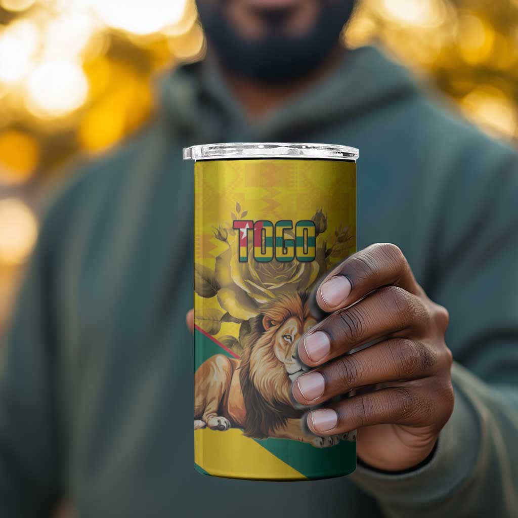Happy Togo Independence Day 4 in 1 Can Cooler Tumbler Lion With Coat Of Arms - Kente Pattern