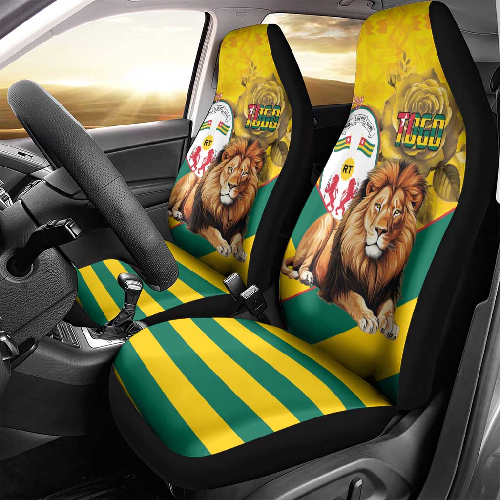 Happy Togo Independence Day Car Seat Cover Lion With Coat Of Arms - Kente Pattern